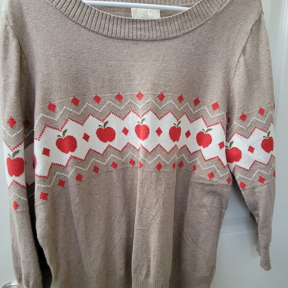 LOFT Beige Sweater with Red Apple Motif